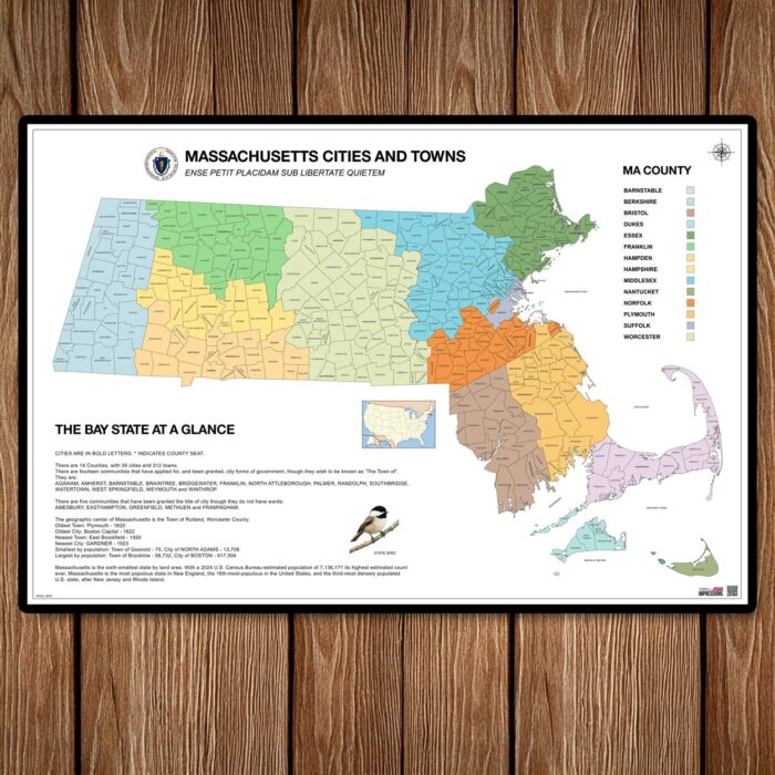 Detailed color-coded map of Massachusetts showing all 14 counties, cities, towns, and county seats with state bird illustration.