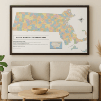 36x24in Color-Coded Poster Map of Massachusetts Cities, Towns and County Seats - Image 3