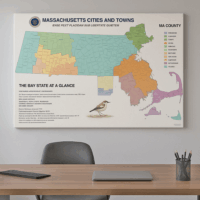 36x24in Color-Coded Poster Map of Massachusetts Cities, Towns and County Seats - Image 2