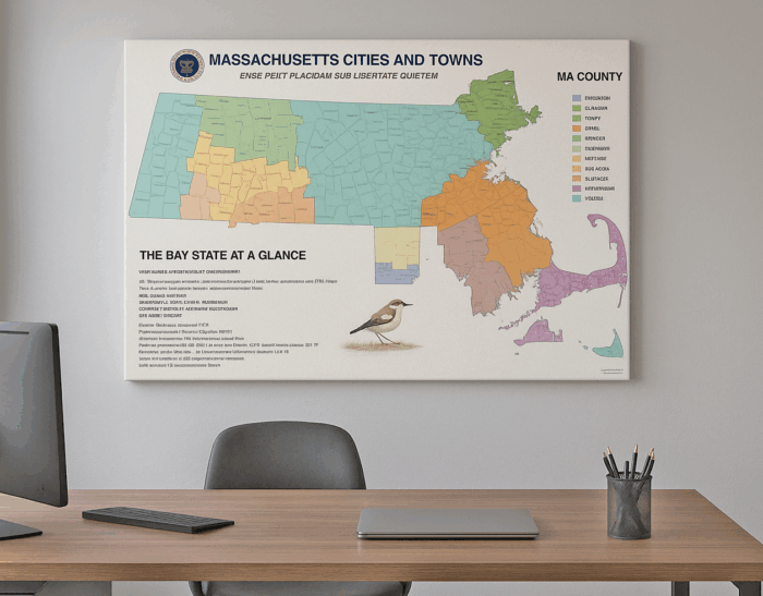 36x24in Color-Coded Poster Map of Massachusetts Cities, Towns and County Seats - Image 2