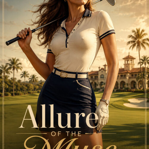 Allure of the Muse glamorous female golfer poster with luxury golf course background and vintage country club style