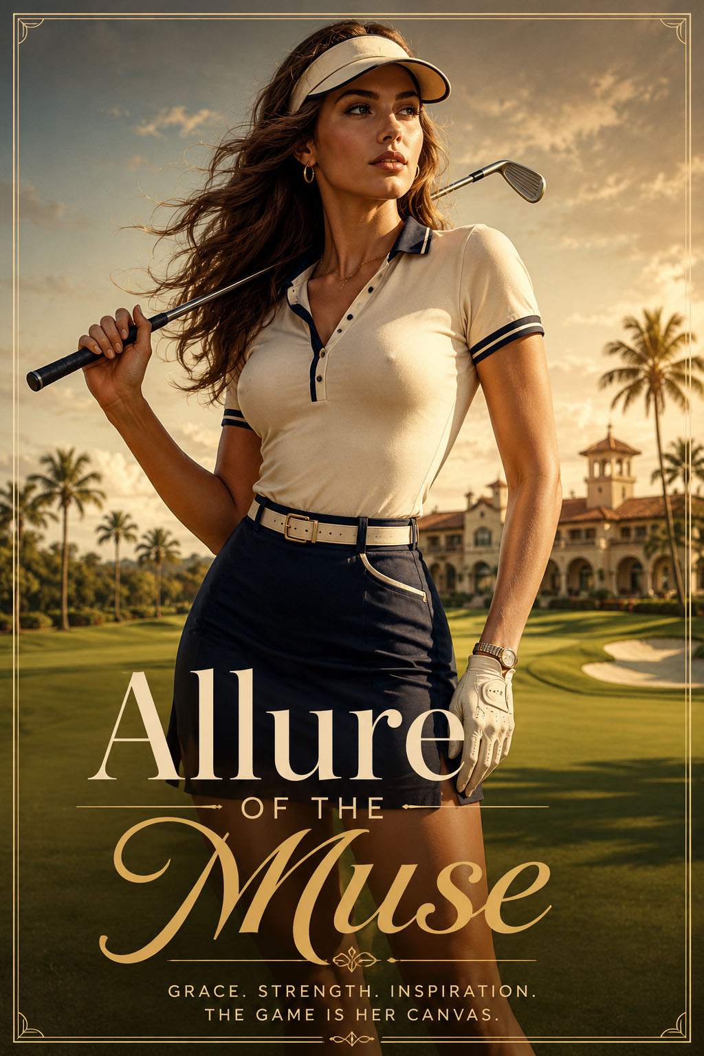 Allure of the Muse glamorous female golfer poster with luxury golf course background and vintage country club style