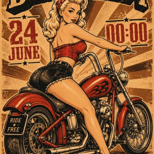 Vintage biker party poster featuring a retro pin-up woman posing on a classic chopper motorcycle with western typography and distressed Americana styling.