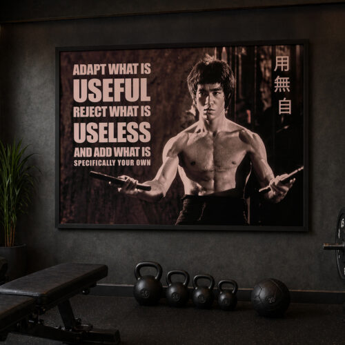 Bruce Lee motivational quote wall art featuring the text 'Adapt what is useful, reject what is useless, and add what is specifically your own' on a high-quality poster.
