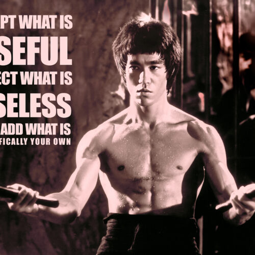 Bruce Lee motivational quote wall art featuring the text 'Adapt what is useful, reject what is useless, and add what is specifically your own' on a high-quality poster.