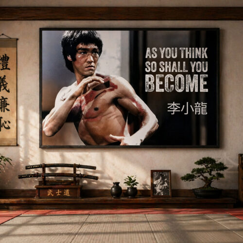 Framed Bruce Lee quote poster displayed on the wall of a traditional martial arts dojo with tatami mats, wooden decor, calligraphy scrolls, bonsai, and training weapons.