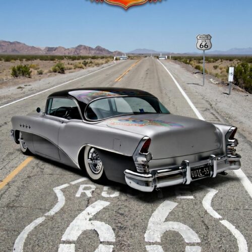 Provocative high-definition photography of a 1955 Buick Roadmaster Riviera on Route 66, featuring a raw and exposed automotive aesthetic.