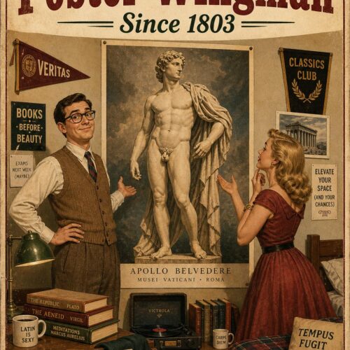 Vintage humorous poster showing an awkward college guy in a dorm room beside a classical art poster while a glamorous retro woman admires the poster.
