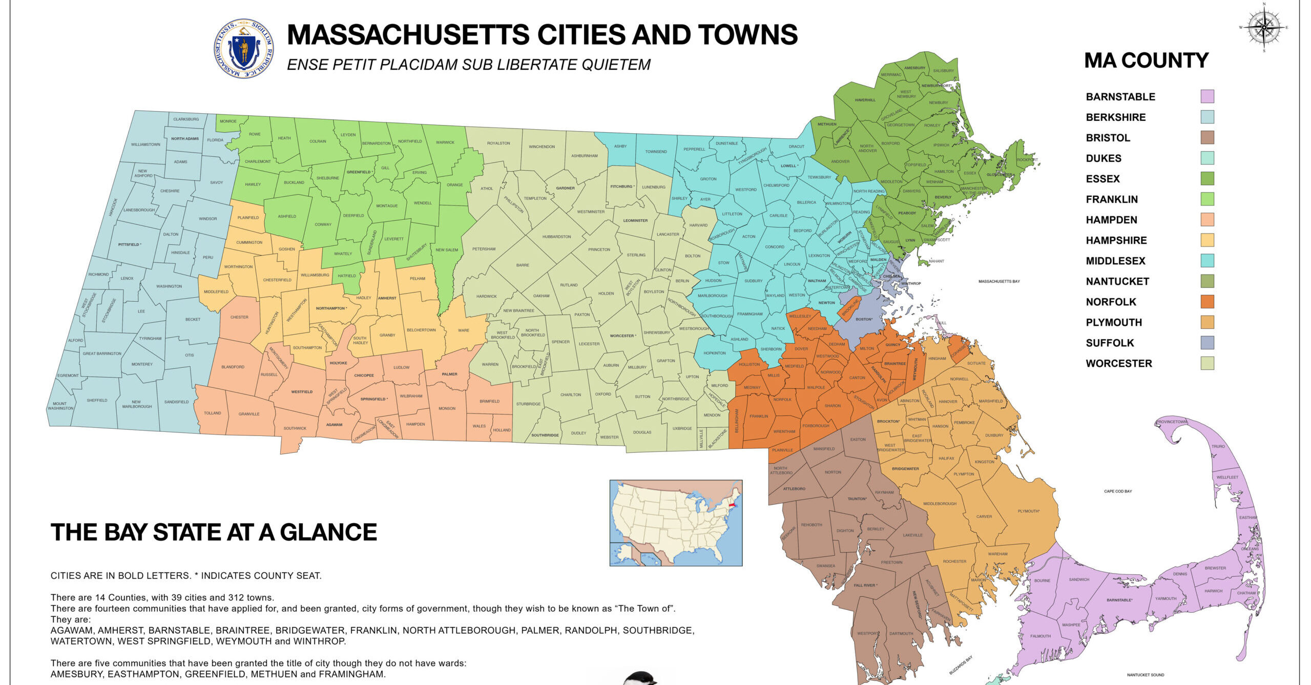 Image of 36x24in Massachusetts map with color-coded counties, showing the distinct colors for each county