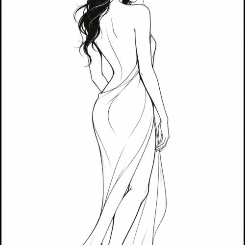 Minimalist black and white feminine line art poster of an elegant woman with flowing dark hair and graceful silhouette