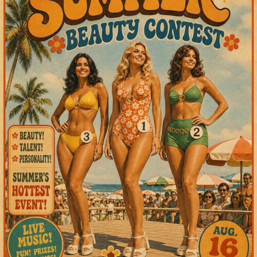 Retro 1970s beach beauty contest poster featuring three women in colorful vintage swimwear standing on a sunny boardwalk stage