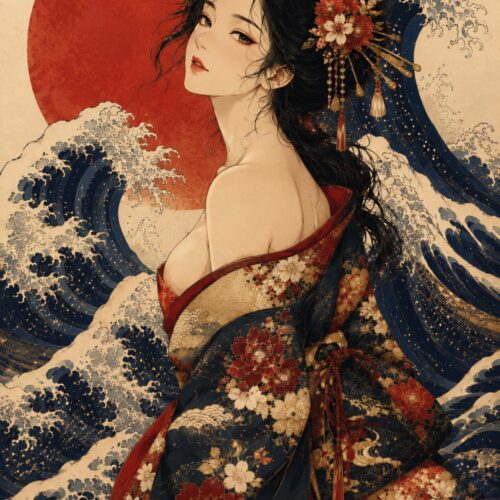 Elegant Japanese-inspired portrait of a woman in a floral kimono with dramatic navy ocean waves and a red sun on a cream background.