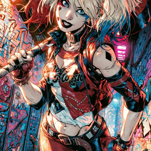 Harley Quinn-inspired anime antihero poster with pigtails, mallet, graffiti alley, and chaotic comic book colors