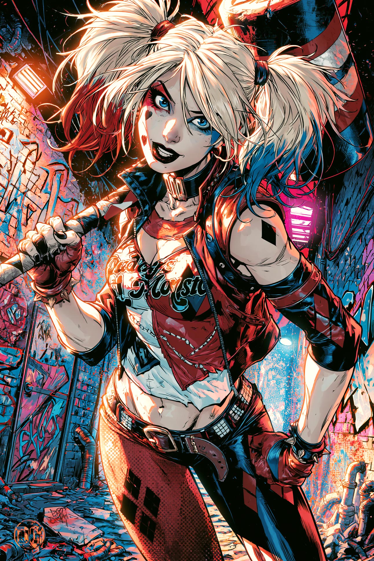 Harley Quinn-inspired anime antihero poster with pigtails, mallet, graffiti alley, and chaotic comic book colors