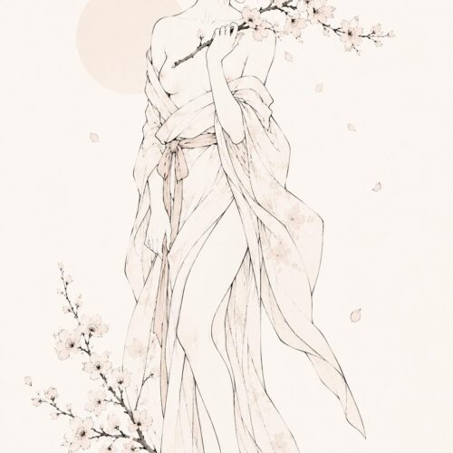 Minimalist Japanese-inspired line art of an elegant woman holding a cherry blossom branch in a flowing kimono.