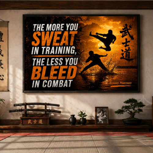 Motivational martial arts wall art featuring fighter silhouettes and the quote 'The more you sweat in training, the less you bleed in combat' in a bold, modern design.