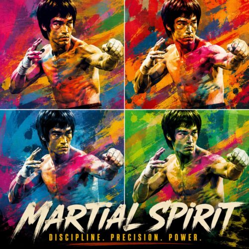 Colorful pop art poster of a martial artist in a four-panel composition with the text Martial Spirit and the byline Discipline. Precision. Power.
