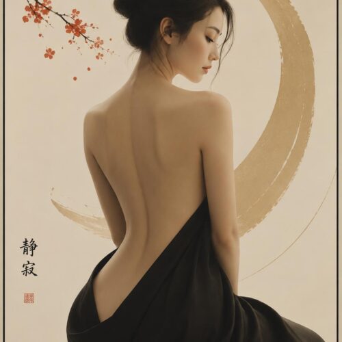 Minimalist wall art of a graceful Japanese woman with sleek sensual curves, soft neutral background, floral branch accents, and elegant modern style.