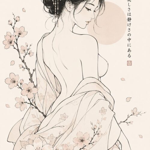 Minimalist linear wall art of a sensual Japanese woman with floral details and elegant feminine styling.