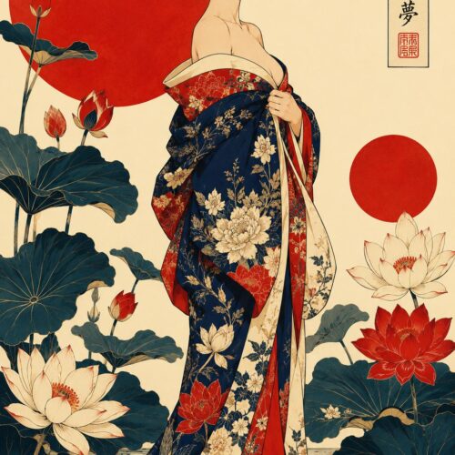 Modern Ukiyo-e fusion illustration of an elegant Asian woman in a floral silk kimono with lotus flowers and red sun discs.