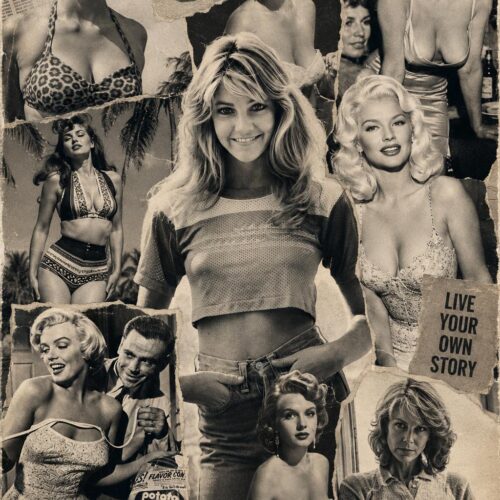 Retro Hollywood and vintage aesthetic collage poster featuring 1950s movie stars, 1970s style fashion icons, and text quotes in a dark sepia-toned torn-photo scrapbook wall art design.