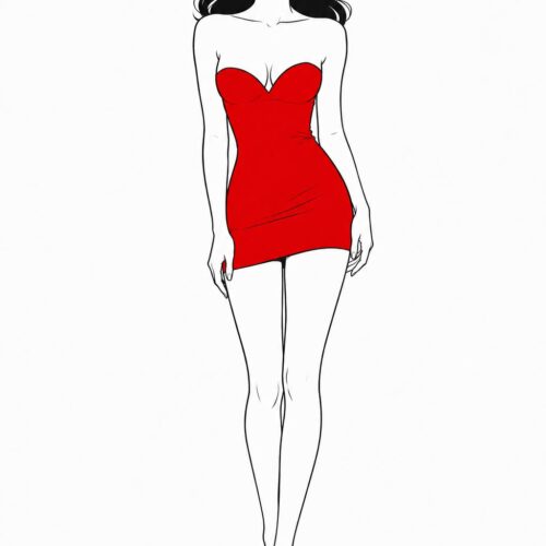 Minimalist fashion illustration of a glamorous woman in a red strapless mini dress with black hair and red heels