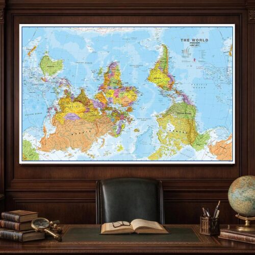 upside-down world map poster designed as a playful and unexpected wall art piece that sparks curiosity and conversation
