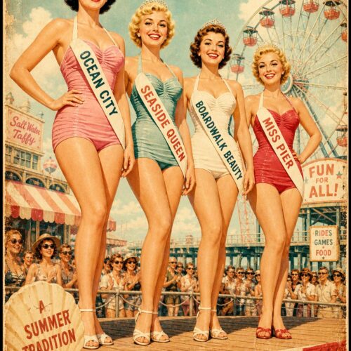 Vintage boardwalk beauty queens poster featuring four women in 1950s-style swimsuits and sashes on a seaside stage with a ferris wheel.