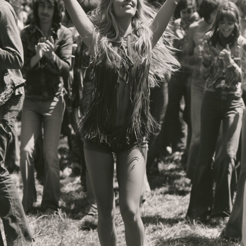 Vintage black-and-white photograph of a barefoot hippie woman dancing at an outdoor music festival surrounded by a crowd.
