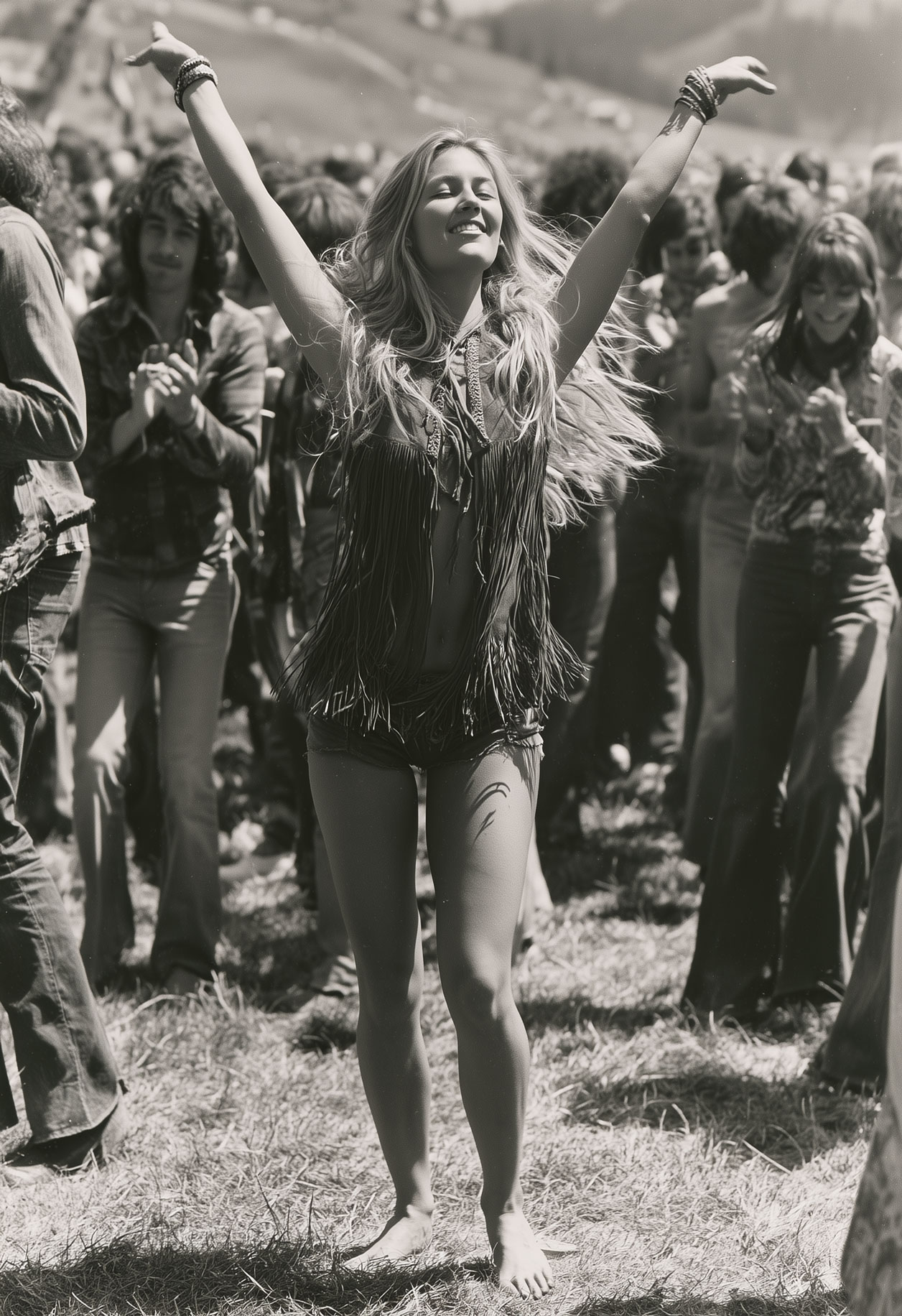Vintage black-and-white photograph of a barefoot hippie woman dancing at an outdoor music festival surrounded by a crowd.