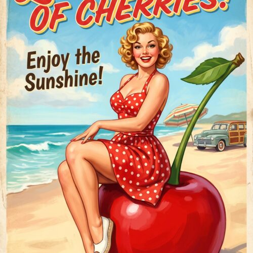 Retro 1950s style poster featuring a blonde pin-up woman in a red polka dot dress sitting on a giant cherry at the beach with a vintage car in the background.