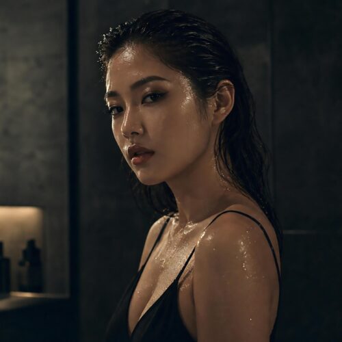 Intimate cinematic portrait of an Asian woman with wet hair and glistening skin in a dark, moody bathroom with a vertical light bar and charcoal slate tiles.
