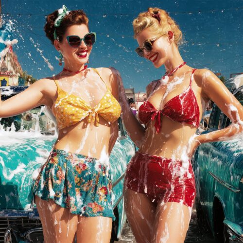 Vintage bikini car wash poster with women washing classic cars