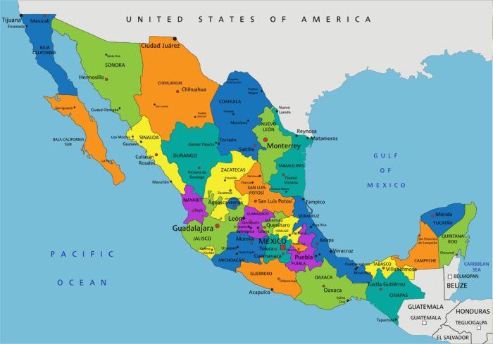 Political Map of Mexico with States and Major Cities