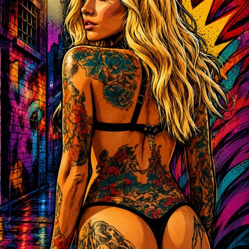 Tattooed blonde woman in colorful graffiti alley pop art poster with urban street art background