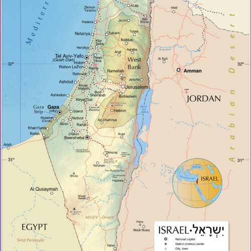 Map of Israel and Surrounding Regions – Including West Bank, Gaza Strip, Golan Heights & Neighboring Countries
