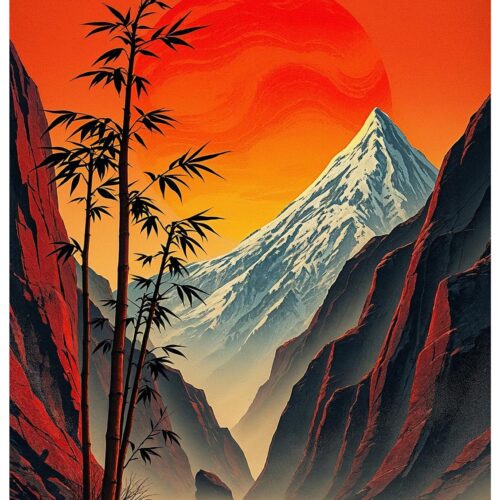 Crimson Serenity – Japanese Bamboo and Snow Peak Landscape Poster