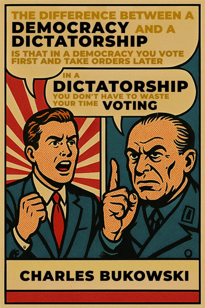 Democracy vs Dictatorship Vintage Poster - Charles Bukowski Quote - Retro Comic Style Print