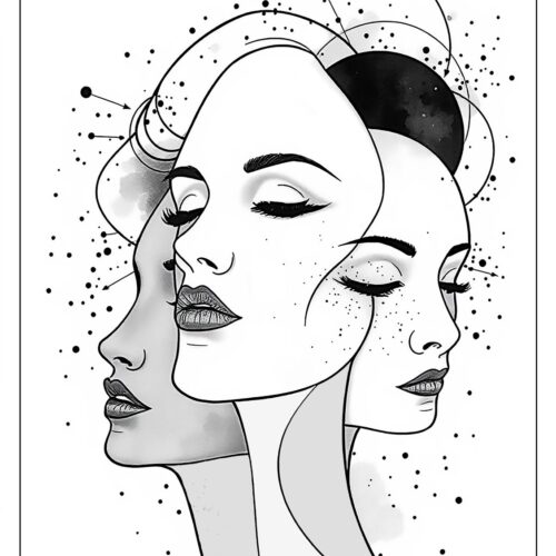 Trinity of Self – Abstract Surreal Female Faces Line Art Poster