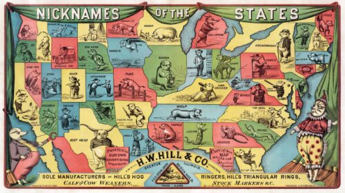 Nicknames of the States Vintage Map Poster, 1884 Antique Map, Illustrated US Map image