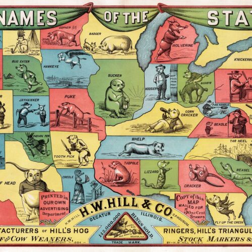 Nicknames of the States Vintage Map Poster, 1884 Antique Map, Illustrated US Map image