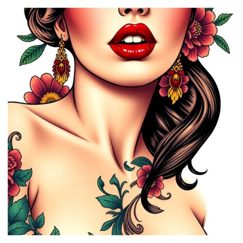 Woman with Flowers, Pop Art Poster, Floral Tattoo Design, Red Lips, Fashion Illustration Art, Home Decor, Glam Wall Art image