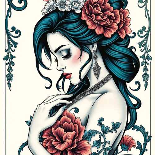 Floral Reverie: Elegant Woman with Peonies and Tattoos – Art Nouveau-Inspired Poster 24"x36" image