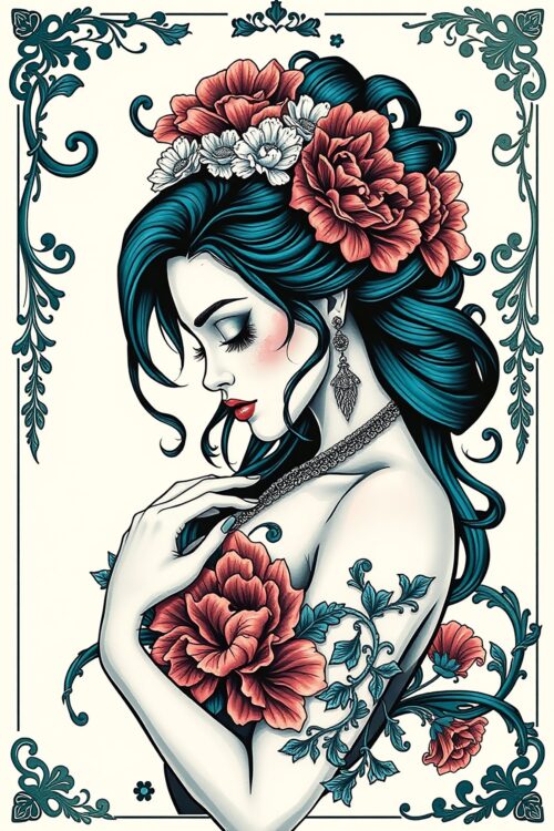 Floral Reverie: Elegant Woman with Peonies and Tattoos – Art Nouveau-Inspired Poster 24"x36" image