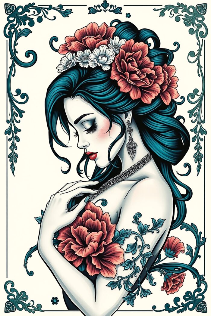 Floral Reverie: Elegant Woman with Peonies and Tattoos – Art Nouveau-Inspired Poster 24"x36" image