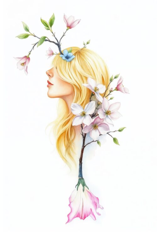 Watercolor Flower Girl Poster, Spring Season Wall Decor, Whimsical Home Decor, Feminine Dorm Room Decor, Aesthetic Room Decor image