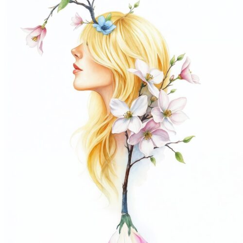 Watercolor Flower Girl Poster, Spring Season Wall Decor, Whimsical Home Decor, Feminine Dorm Room Decor, Aesthetic Room Decor image