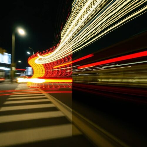 A distinct split long-exposure photograph of a Yayoi Kusama-inspired poster capturing motion or light trails, with boldly contrasting divided sections picture