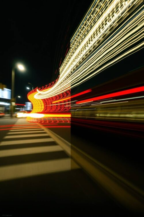 A distinct split long-exposure photograph of a Yayoi Kusama-inspired poster capturing motion or light trails, with boldly contrasting divided sections picture