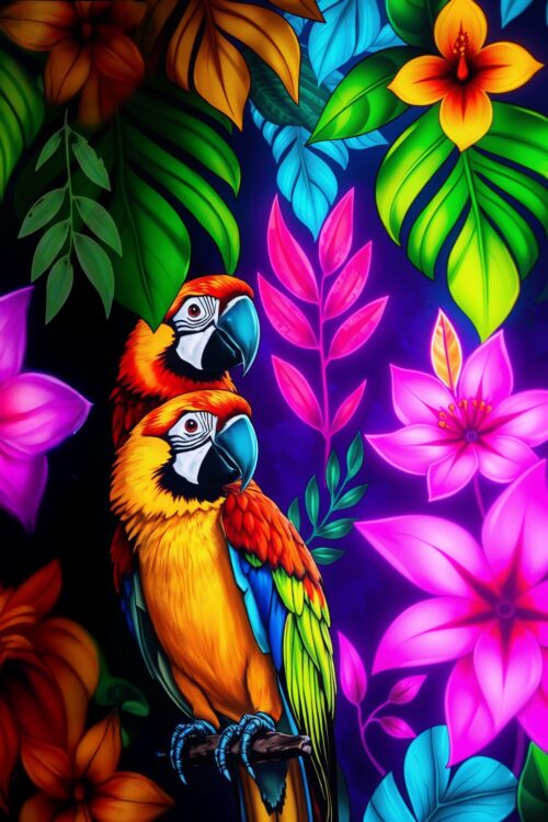 Tropical Pair – Vibrant Parrots and Jungle Flowers Poster picture